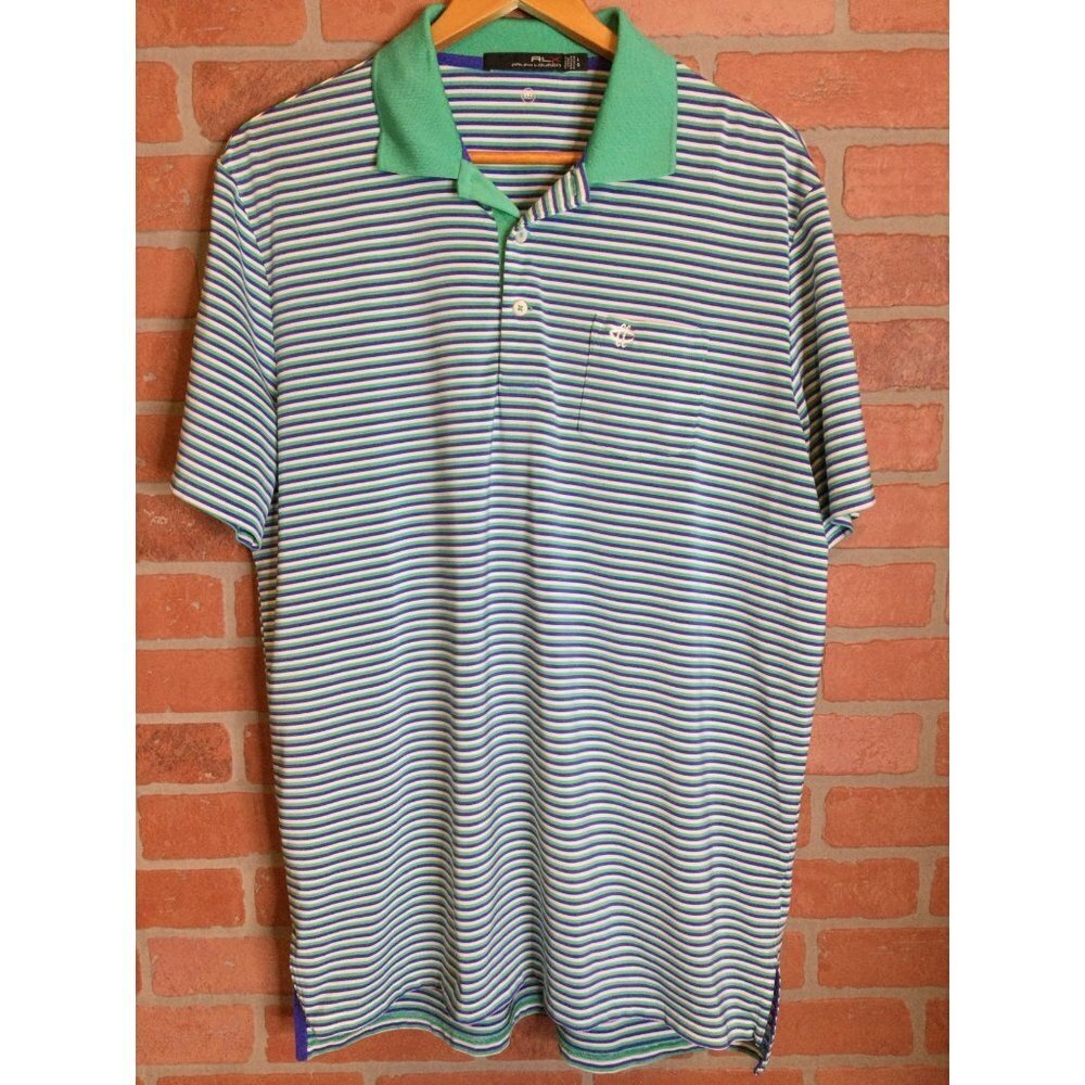 RLX Ralph Lauren Men Striped Polo Shirt Short Sleeve Green Blue Size Large Golf